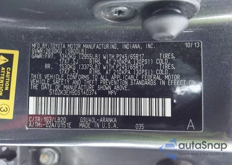 2013 Toyota Highlander Se V6 z USA, uszkodzony, nr VIN 5TDZK3EH9DS140374